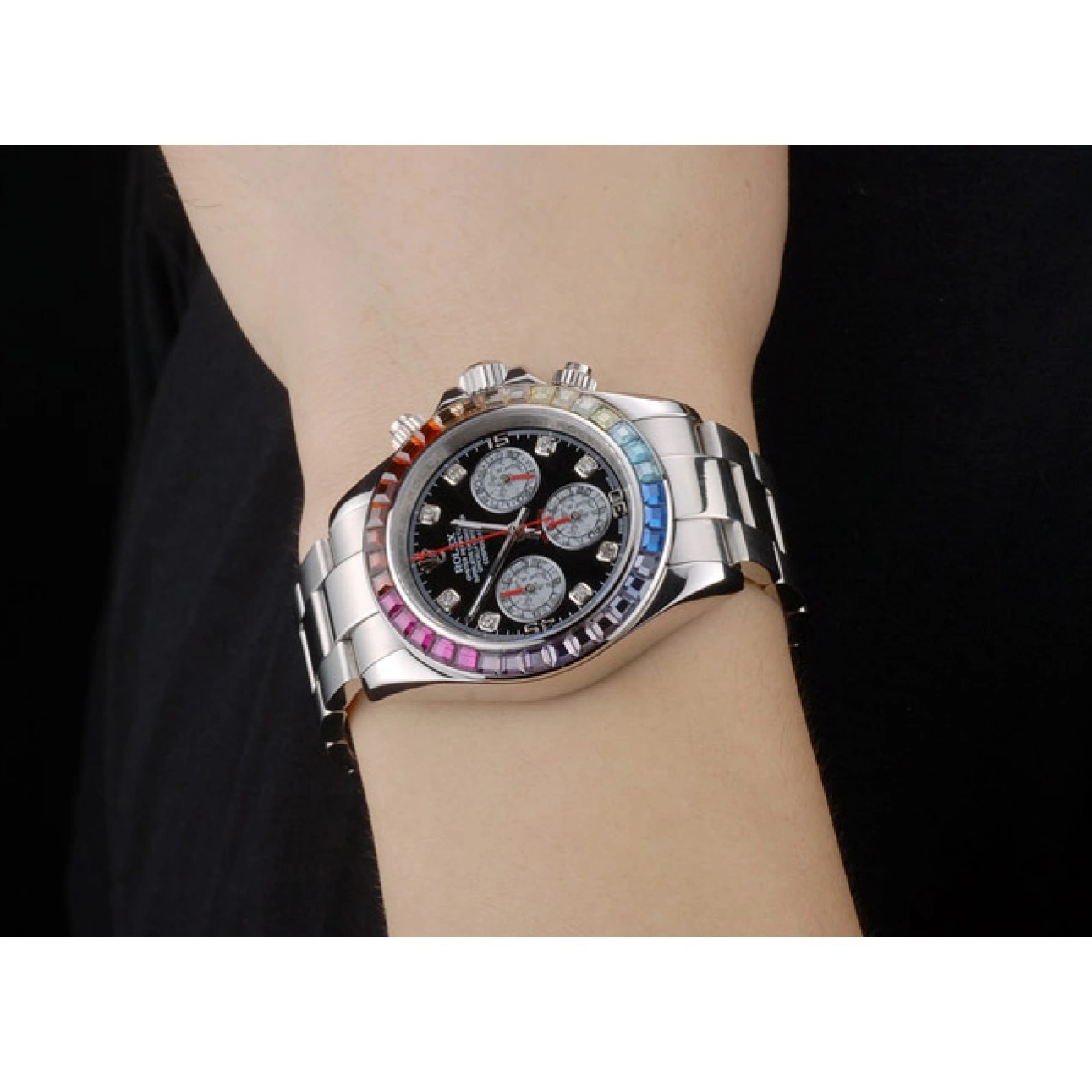 Aaa replica Rainbow 80250 Black Rolex Steep Stainless Cosmograph Dial Strap Bezel Daytona Crystals 0628